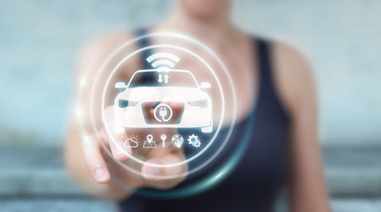 Businesswoman using modern smart car interface 3D rendering