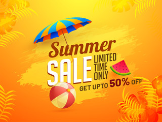 Supper Sale, poster, banner or flyer design with 50% off offer, with umbrella, watermelon, and beachball on yellow color background.