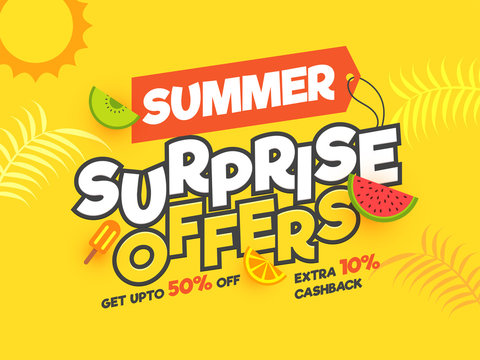 Summer Surprise Offers, banner or poster design with awesome offers on yellow background.
