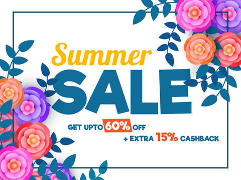 Summer sale poster, banner or flyer design with colourful paper flowers, and leaves upto 60% off offers and 15% cashback offers.