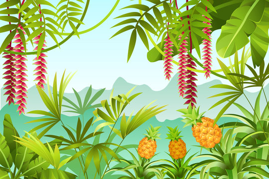 Game landscape with tropical jungle scene. Background vector illustration.