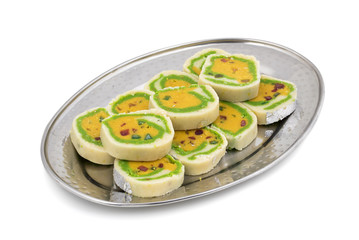 Indian Sweet food Mawa Peda Also know as pera or peday isolated on white background