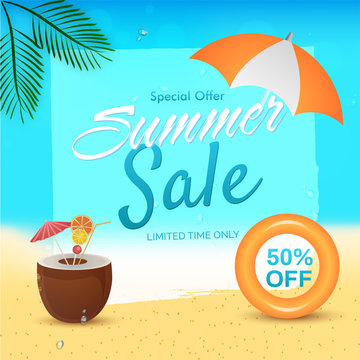 Summer sale, special offer with coconut, umbrella on beach background, 50% Off Offers.