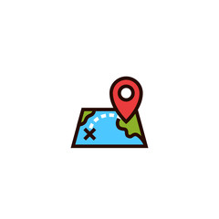 map location track icon. distance with pin locator and cross symbol. move planing concept. simple clean thin outline style design.