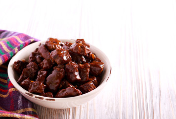 Liver in gravy in a bowl