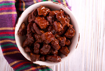 Liver in gravy in a bowl
