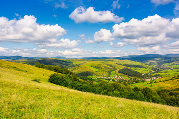 Fototapeta na wymiar village in the valley of Carpathian mountains. lovely countryside scenery in early autumn with clouds on a blue sky over the distant ridge