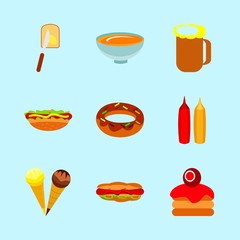 icons about Food with mustard, cakes, culinary, calories and hotdog