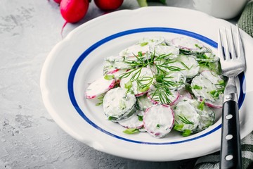 Summer salad with radish and cucumber, green onion and dill with sour cream dressing