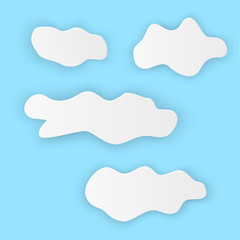 Vector illustration, white simple clouds in papercut style with transparent shadows isolated on blue background