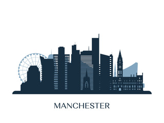 Naklejka premium Manchester skyline, monochrome silhouette. Vector illustration.