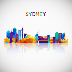 Naklejka premium Sylwetka panoramę Sydney w kolorowym stylu geometrycznym. Symbol Twojego projektu. Ilustracji wektorowych.