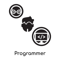 Programmer isolated on white background , black filled vector sign and symbols