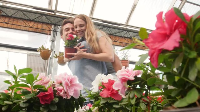 Couple having fun in greenhouse