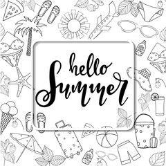 Summer lettering. Set hand drawn icons, signs and banners.