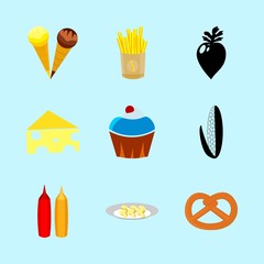 icons about Food with mushroom, cake, cheese, radish and ice cream