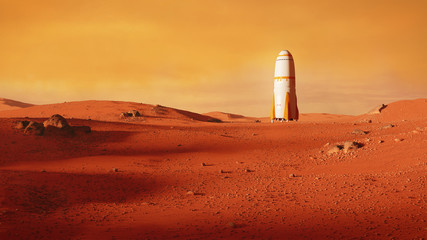 landscape on planet Mars, rocket landing on the red planet - obrazy, fototapety, plakaty