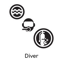 Diver isolated on white background , black filled vector sign and symbols
