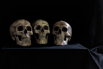 Old Three skulls put on the table which has black cloth cover in dim light room