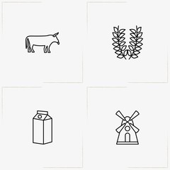 Bread & Milk line icon set with mill, spica and milk