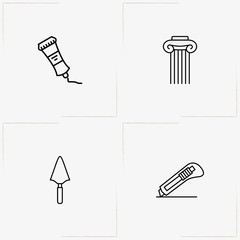 Construction line icon set with trowel, tube and architecture column