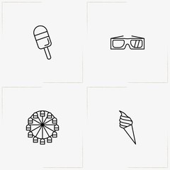 Entertaiment line icon set with cinema spectacles, ice cream and ferris wheel