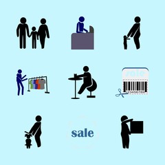 icons about Human with child, sit, tidy, sale and badge
