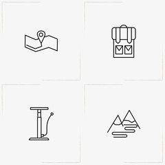 Bicycle Sport line icon set with bicycle pump, map location  and mountain