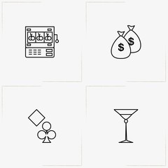 Casino line icon set with game machine , cocktail glass and game cards