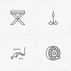 Fishing line icon set with fishing coil , fishing hook and camping table