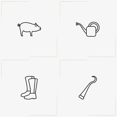 Farm line icon set with boots, pig and hook