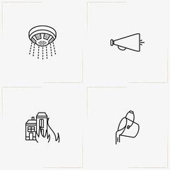 Firefighter line icon set with house on fire, bucket of water and loudspeaker