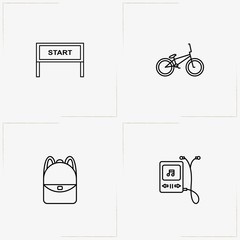 Bicycle Sport line icon set with bicycle, backpack and start sign