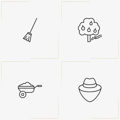 Farm line icon set with apple tree, wheelbarrow and farmer hat