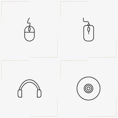 Computer line icon set with headphone, computer mouse  and compact disk