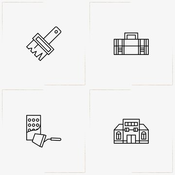 Construction line icon set with cement trovel , tools box  and house