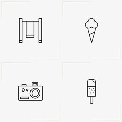 Entertaiment line icon set with ice cream, swing and photo camera