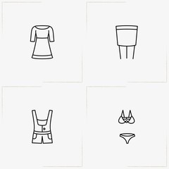 Clothes line icon set with swimsuit , skirt and overalls