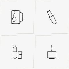Bar line icon set with bar shaker, cup of tea and bottle with glass