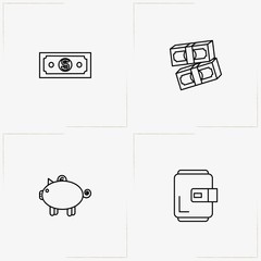 Economics line icon set with thrift box, money and wallet