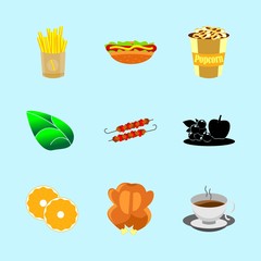 icons about Food with popcorn, hot, burger, vitamin and chiken