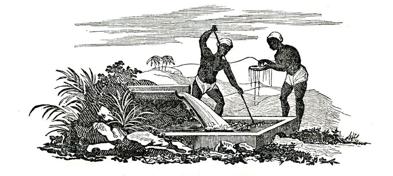 Sluicing for gold in Mexico (from Das Heller-Magazin, September 13, 1834)