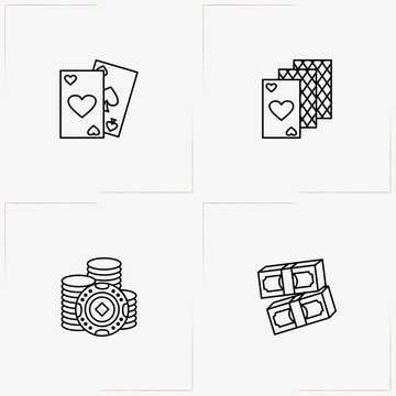 Casino line icon set with casino chips , money and game cards