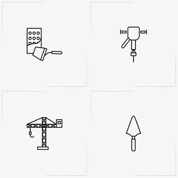 Construction line icon set with cement trovel , crane  and trowel