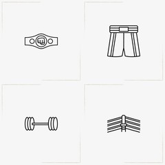 Boxing line icon set with boxing shorts, boxing belt and boxing ring