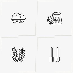 Farm line icon set with spica, millet sack  and shovel with pitchfork