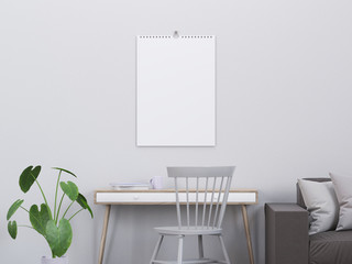 Calendar mockup in modern interior with a console and a chair, 3D render