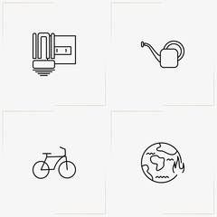 Ecology line icon set with bicycle, socket with plug and watering can