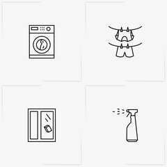Cleaning line icon set with rag, washing machine  and clothes hanging rope