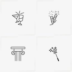 Carnival line icon set with firecracker, stemware and architecture column